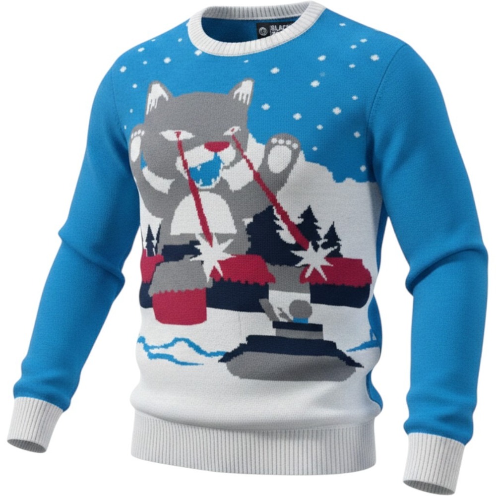Black Matter Sweater Mens Medium Blue Laser Cat Holiday Graphic Crewneck Knit